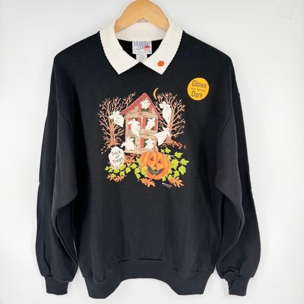 Vintage 90s Morning Sun Halloween Sweatshirt L Glow Ghosts Haunted Deadstock USA